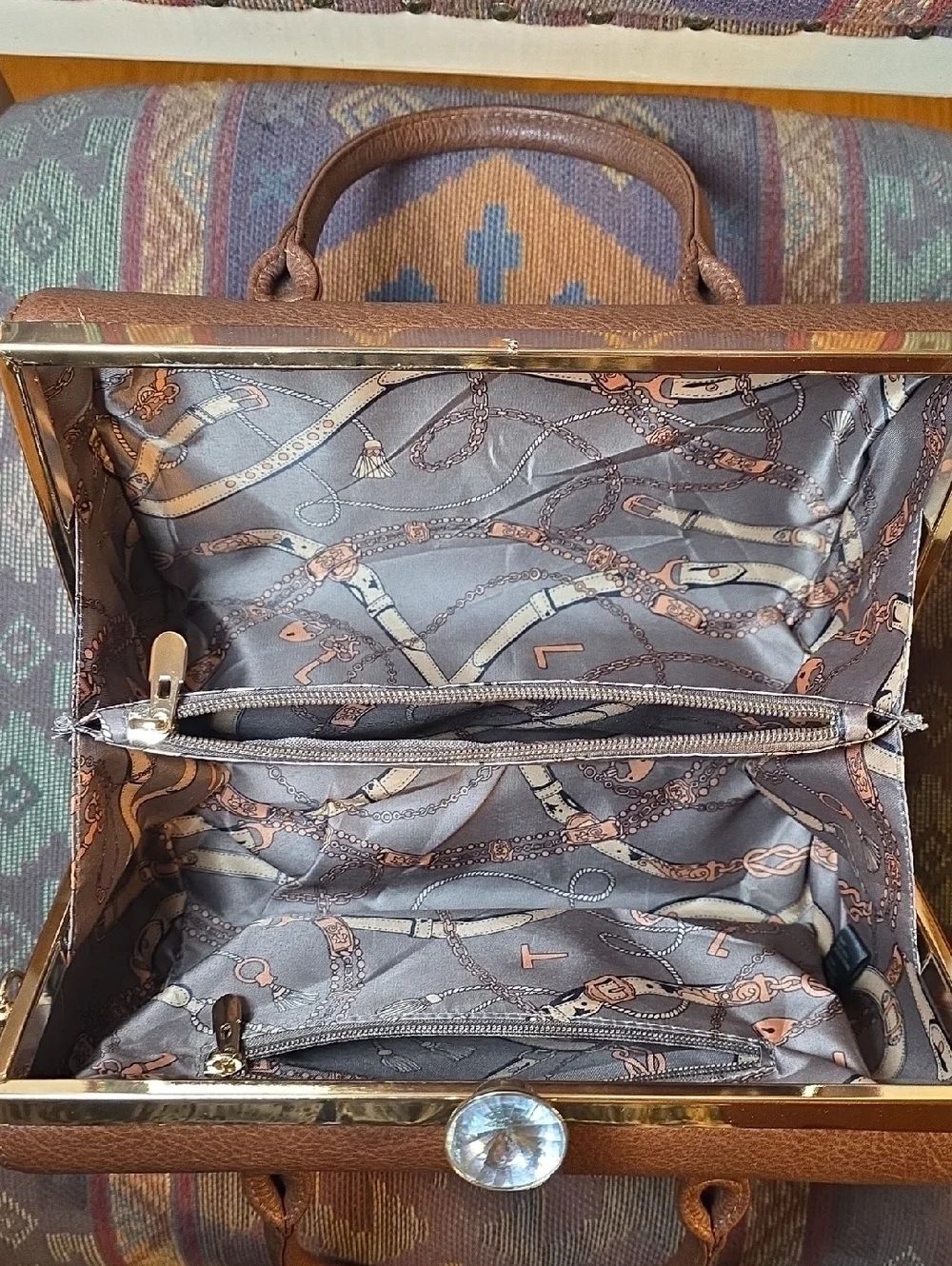 La Terre Fashion Vegan Leather Brown Satchel Handbag Rhinestone Clasp With Strap